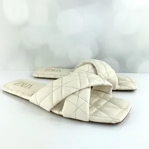 Zara Shoes New Zara Quilted Padded Flat Slides Sandals White